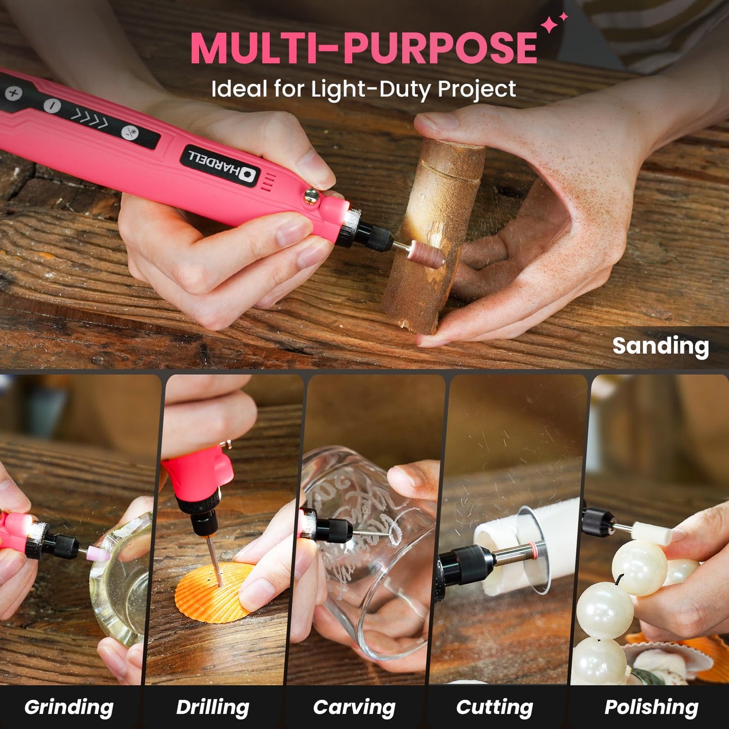 HARDELL Mini Cordless Rotary Tool, 5-Speed 3.7V Rechargeable Rotary Tool Kit with 69 Accessories, USB Charging Multi-Purpose DIY Tool for Sanding, Polishing, Drilling, Engraving(Pink 69pcs)