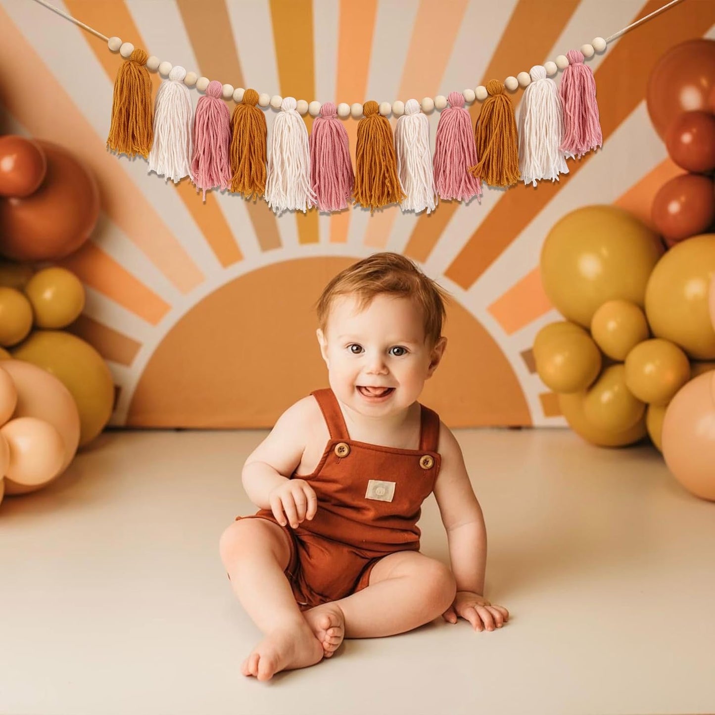 1st Boho Sun Yarn Garland High Chair Banner - You are My Sunshine Birthday Decor, Cake Smash Photo Props, Backdrop Baby