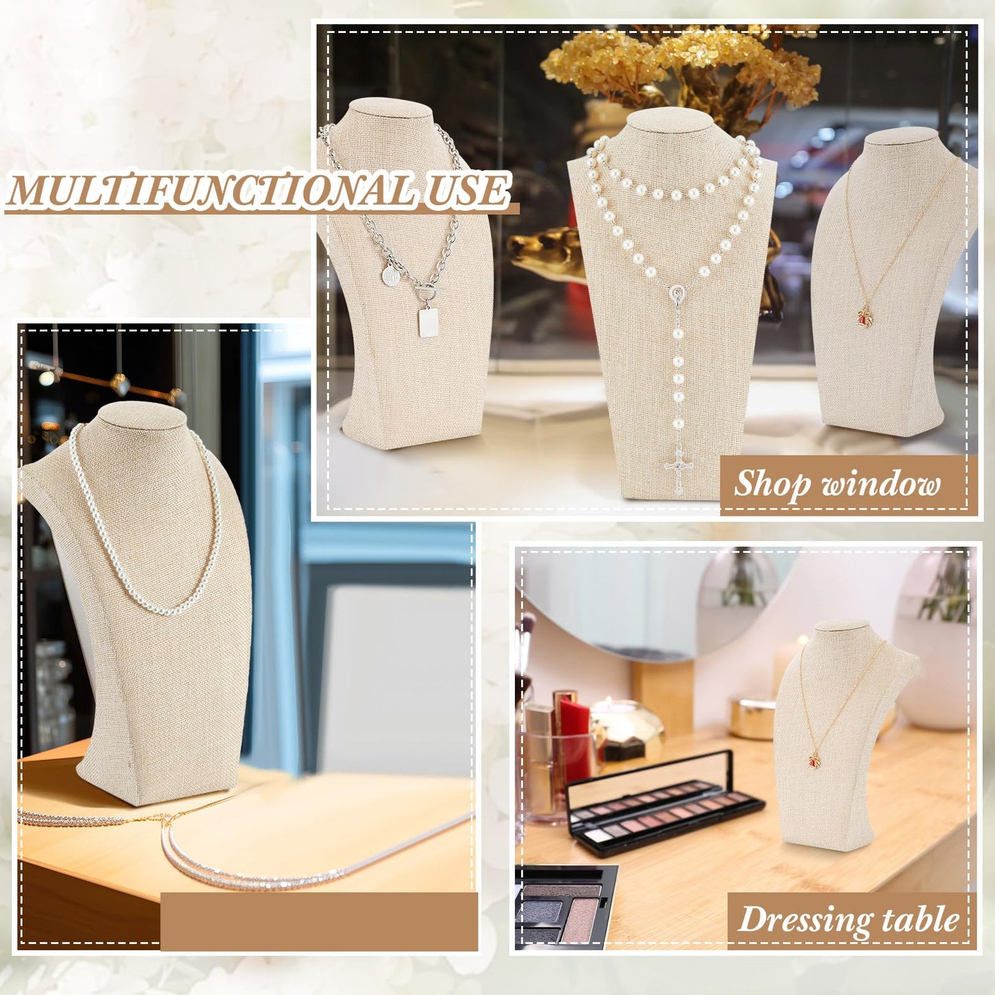 Kigley 3 Pcs Linen Jewelry Display Bust Necklace Display Stand Necklace Mannequin Holder for Jewelry Selling Trade Shows (Beige,9.8 x 3.0 x 5.7 Inches)