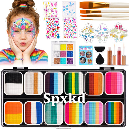 Face Painting Kit for Kids Adults 12X10gm Split Cake Face Paint Palette with 9 Gliters 2 Eye Shadow Sticks 2 Sponges 6 Stencils