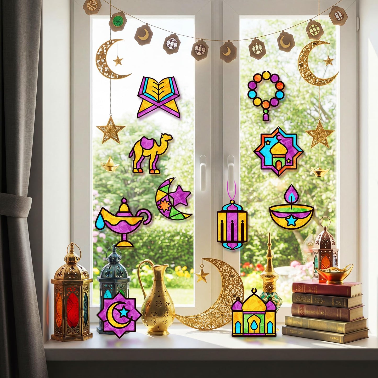 Eersida 32 Pcs Eid Suncatcher Craft Kit for Adults, Ramadan Mubarak Ornaments DIY Stained Glass Effect Paper Window Crafts for Islamic Creative Party Favors Art Projects