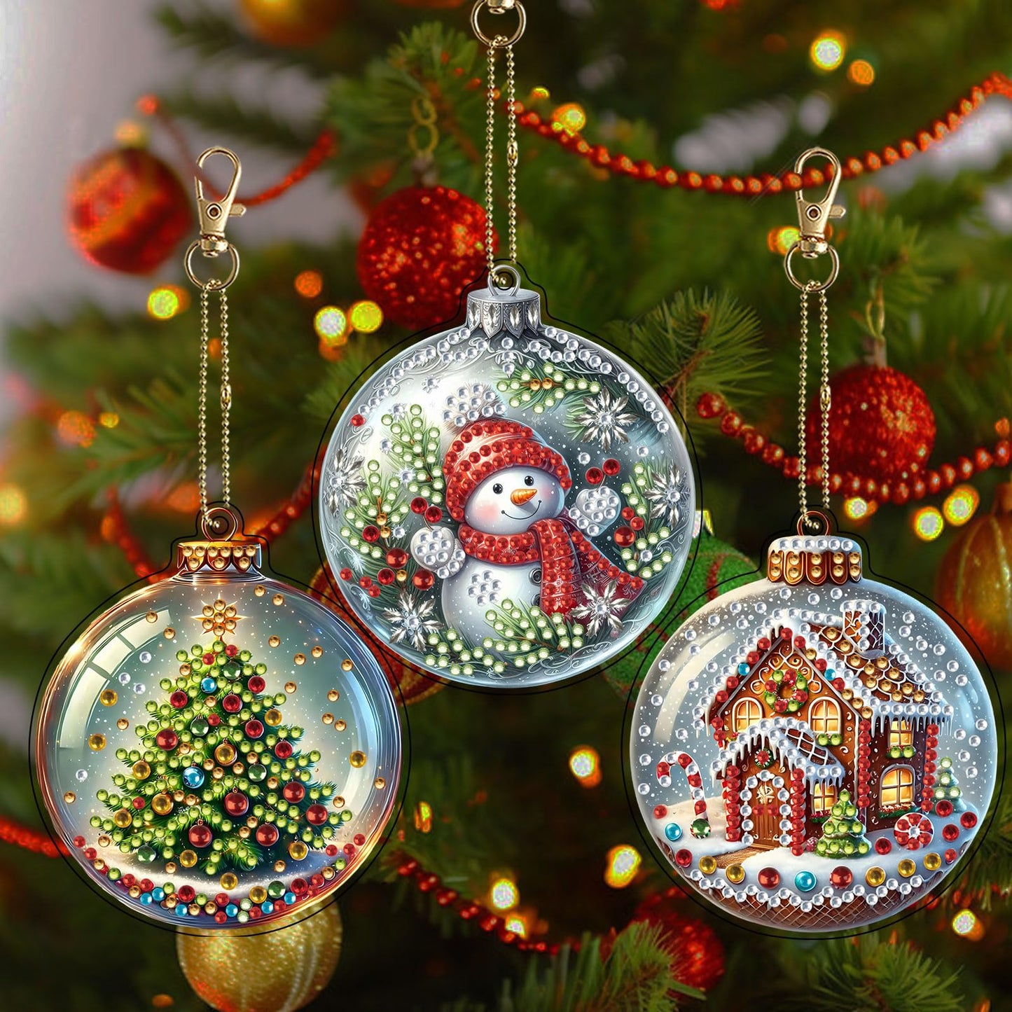 JJFox 4pcs Christmas Diamond Art Ornaments – DIY Acrylic 5D Diamond Art Christmas Tree Decorations, Holiday Hanging Diamond Painting Kit for Kids & Adults (Christmas-2)