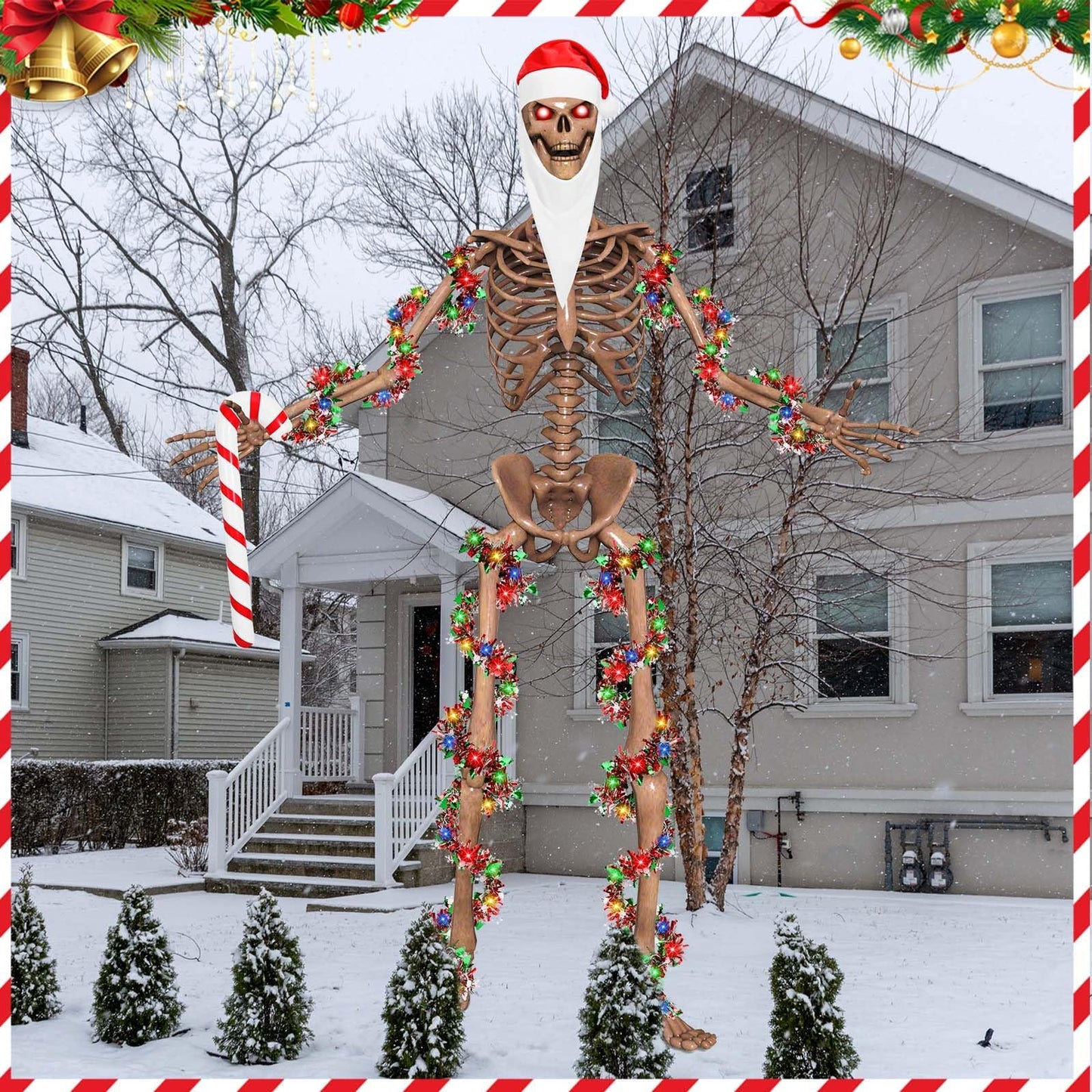 JcHrmers 4 Pcs Christmas 12 ft Skeleton Santa Costume Accessories Including Giant Santa Hat Top Long Beard Inflatable Candy Cane 16.4FT Christmas Tinsel Garland for Xtmas Outdoor Decor