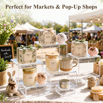 DomeStar 6PCS Clear and White Buffet Risers with Mini Sign, Food Risers Dessert Table Display Set for Buffet Table Party Catering Cupcake Cake Jewelry, Nesting Boxes for Food Display 8" 7" 6" 5" 4" 3"