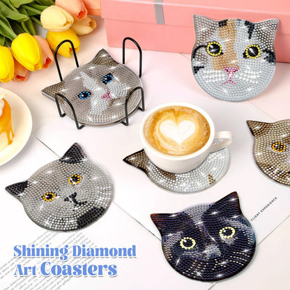 Billbotk 8 Pieces Diamond Painting Coasters Kit with Holder, Diamond Art Coasters, DIY Diamond Art Crafts Projects, Diamond Dot Kits for Adults and Beginners(Cat Style)