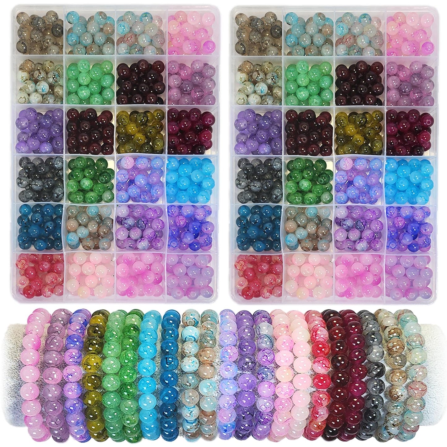 1200PCS 8mm Glass Beads Bracelet Making Kit, 24 Colors Crystal Beads for Jewelry Making, 2 Box Cataclastic Lineation Beads Suitable for Beginners