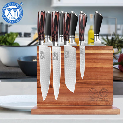 XYJ Authentic Since 1986, Magnetic Knife Block, Double Side Kitchen Knife Stand, Acacia Wood, Magnetic Knife Holder with Strong Enhanced Magnets,Knives Storage Rack Stand for Home Kitchen