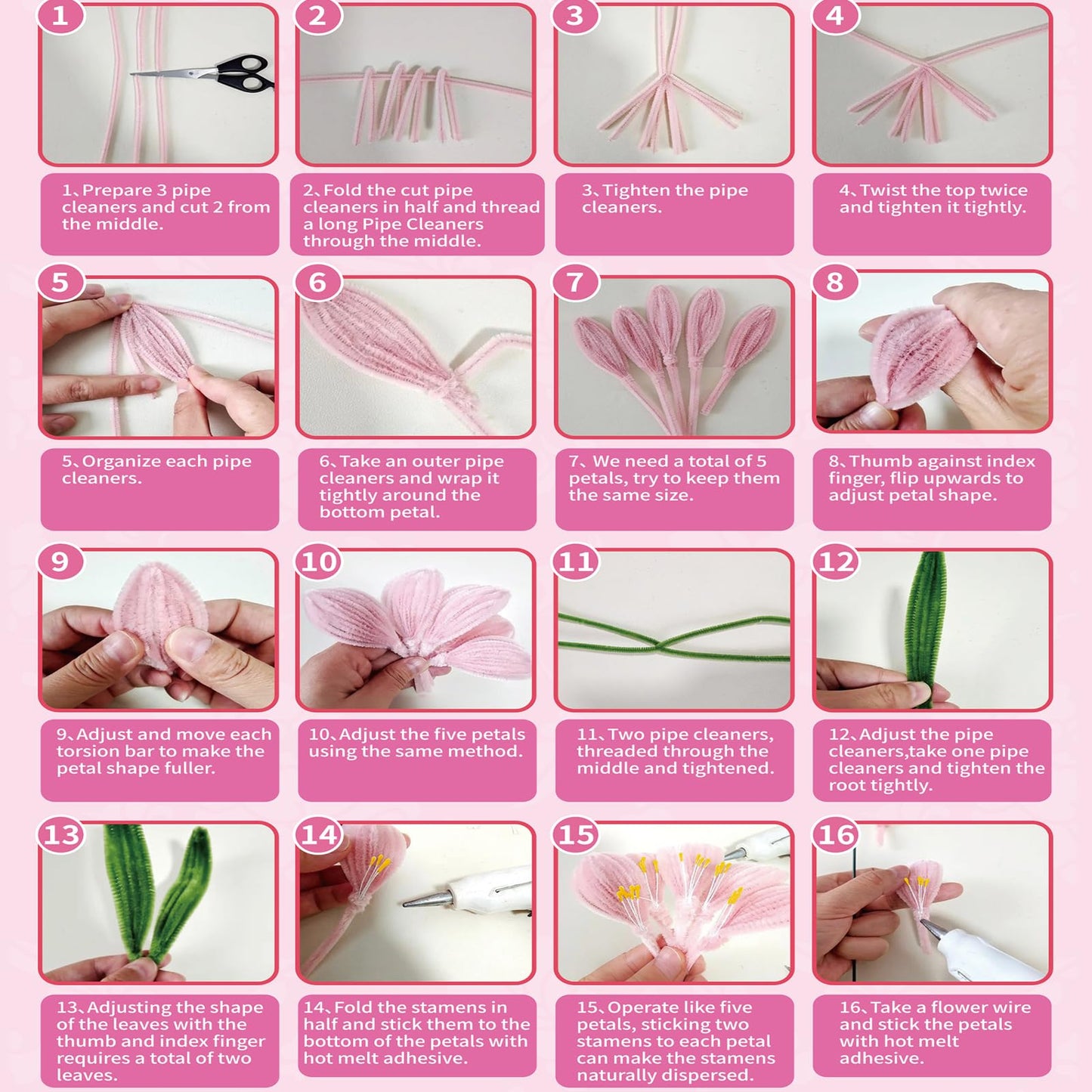 Pipe Cleaners Craft Flowers Kit 791 Pcs, 400 Pcs 7 Colors 8mm Fuzzy Pipe Cleaners Bulk (Tulips/ Lilies), 360 Pcs Stamen, Chenille Stems for DIY Flower Making Kit Crafts, Floral Stems & Tape & Ribbon