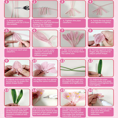 Pipe Cleaners Craft Flowers Kit 791 Pcs, 400 Pcs 7 Colors 8mm Fuzzy Pipe Cleaners Bulk (Tulips/ Lilies), 360 Pcs Stamen, Chenille Stems for DIY Flower Making Kit Crafts, Floral Stems & Tape & Ribbon