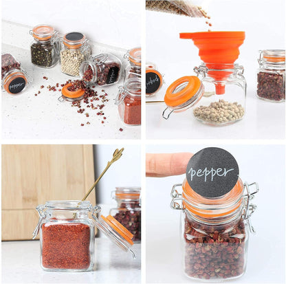 3.4 oz Small Glass Spice Jars with Lables, 24 Pack Empty Mini Square Spice Bottles with Airtight Flip Top Lids, Chalkboard Labels and Collapsible Funnel for Home and Kitchen