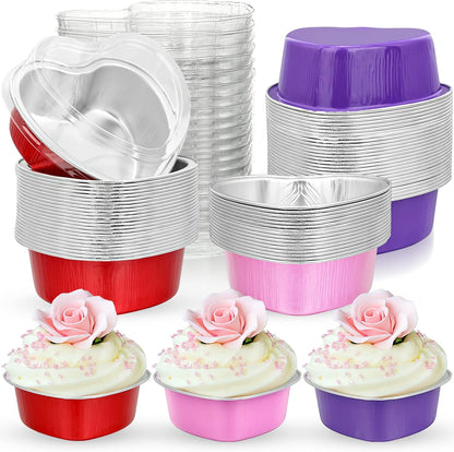 Honeydak Heart Shape Cake Pan, Aluminum Foil Mini Cake Cup with Lids, 100ml Disposable Baking Cups, 3 Colors (48 Sets)