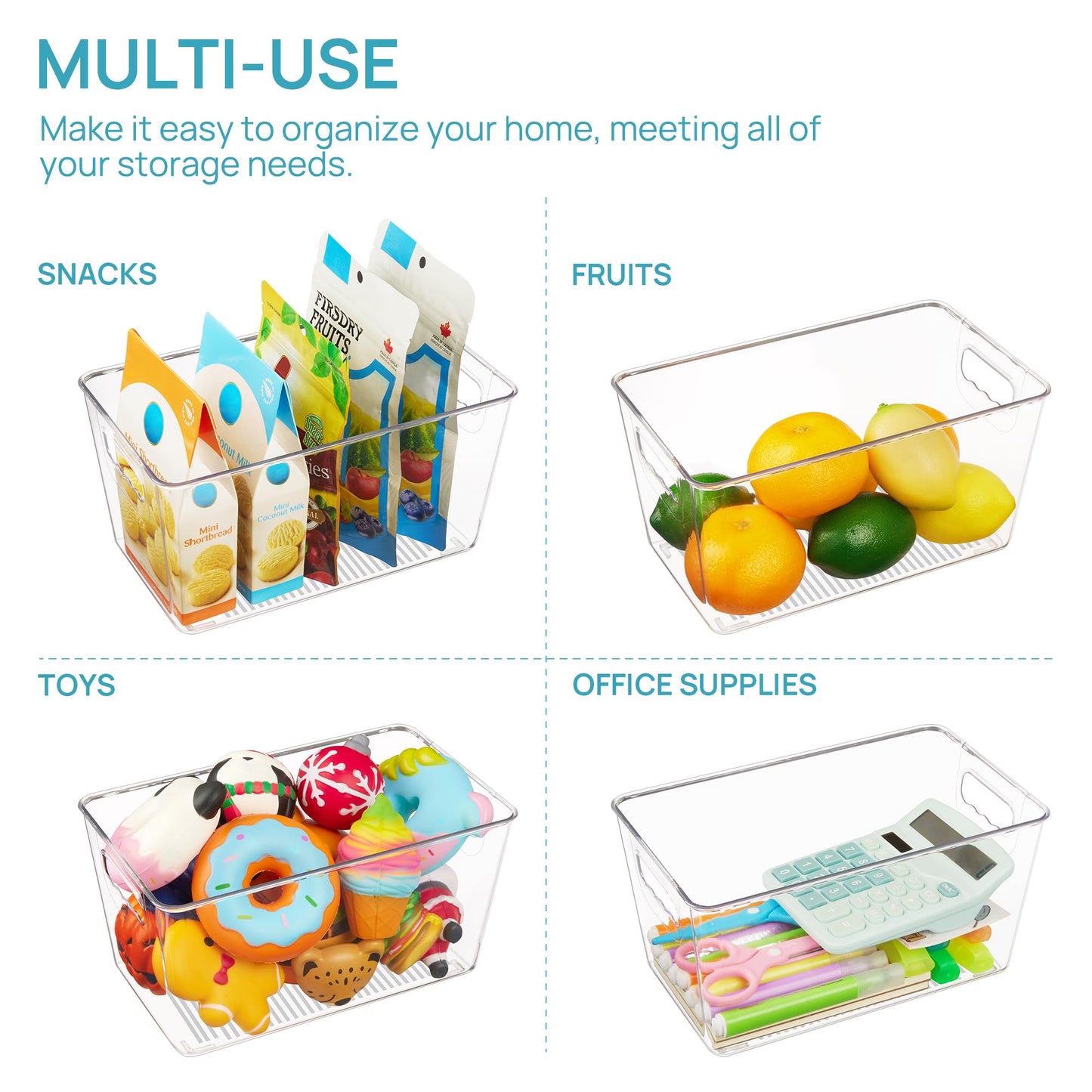 Vtopmart 6 Pack Clear Storage Bins, Pantry Cabinet Organizer Bins with Handle for Pantry Organizer and Storage, Plastic Bins for Fridge, Cabinet, Kitchen, Countertops, Cupboard, Freezer, Medium