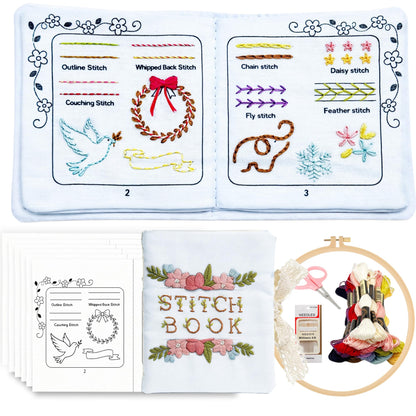 CIZULFY Beginner Embroidery Stitch Book Kit with Pre-Printed Fabric, 30 Essential Stitches and Practice Patterns(Floral Animal etc), Embroidery Beginner kit Adult with Tool and Video Guide