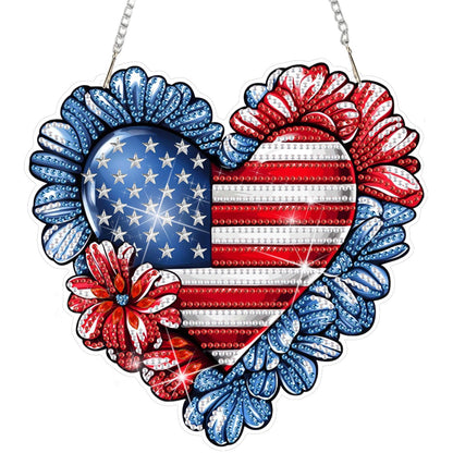DOMROM 4th of July Patriotic Heart Diamond Art Hanging Kits, American Flag Floral Diamond Painting, Special Shaped Gem Art Suncatchers Ornament, Independence Day Heart Decor for Home Window Wall