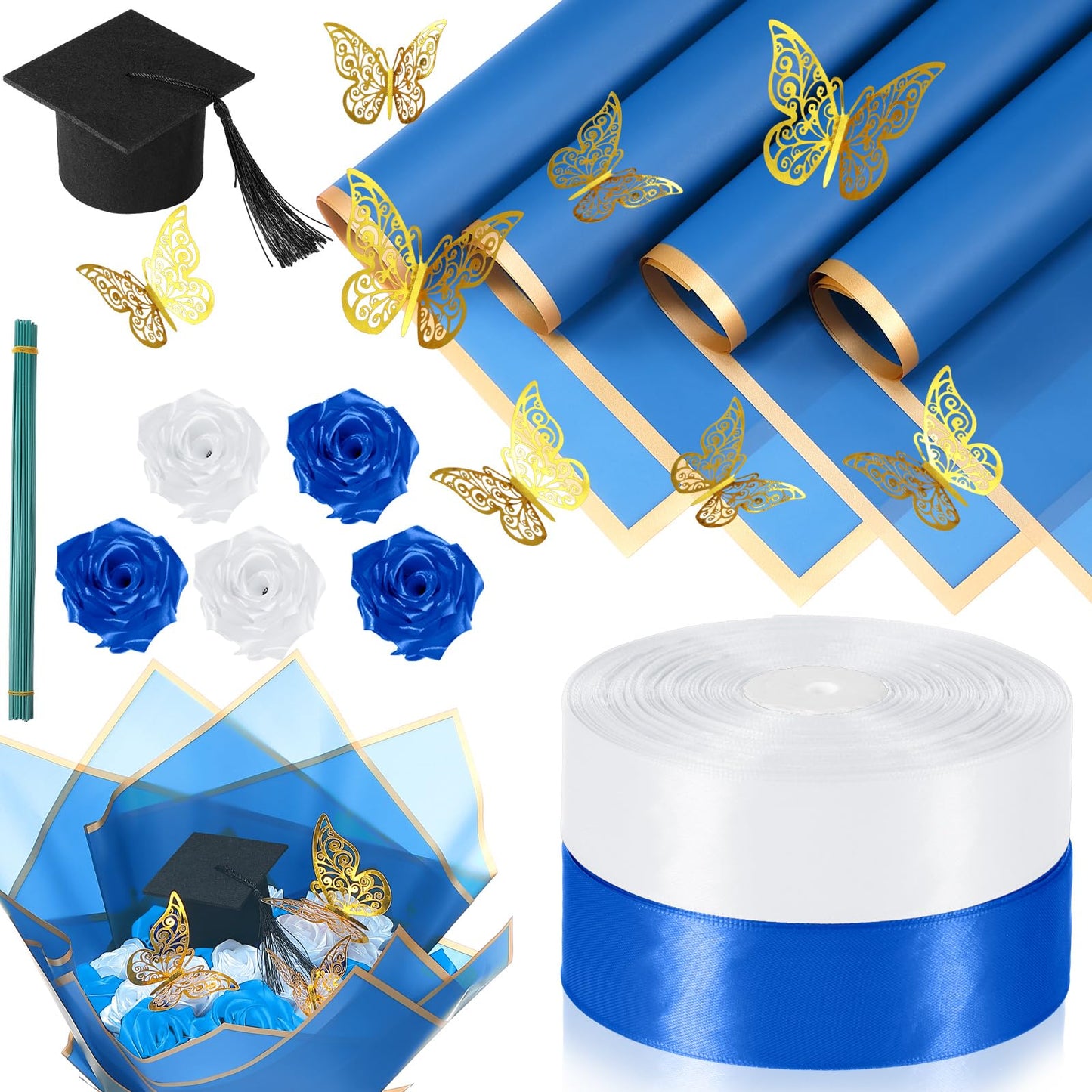 Gilprop 75 Pcs Graduation Gifts Flower Bouquet Wrapping Paper Kit 2026 DIY Fake Roses Flowers Bouquet Ribbon Artificial Rose for Craft Floral Paper with 3D Graduation Cap Butterfly Decor(Blue)