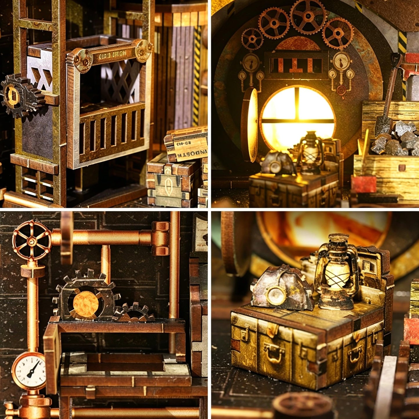 DGRENA Book Nook DIY Miniature House Kit, Steampunk Industrial 3D Wooden Puzzle Bookend with Touch LED Lights, Rotating Gears Mechanical Bookshelf Insert Decor Crafts for Adults Teens Gift