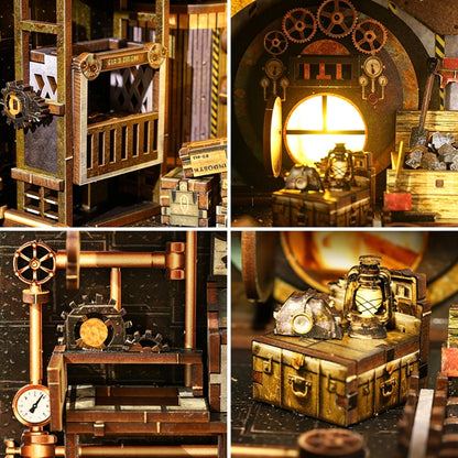 DGRENA Book Nook DIY Miniature House Kit, Steampunk Industrial 3D Wooden Puzzle Bookend with Touch LED Lights, Rotating Gears Mechanical Bookshelf Insert Decor Crafts for Adults Teens Gift