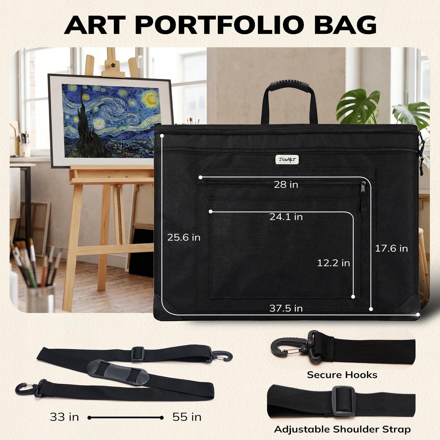 JusArt Art Portfolio Bag, 24x36 Foldable Light Weight Portfolio Folder Case with Adjustable Shoulder Strap, Leather Corners, Waterproof Art Bag for Artists and Adults for Artwork, Poster, Sketching