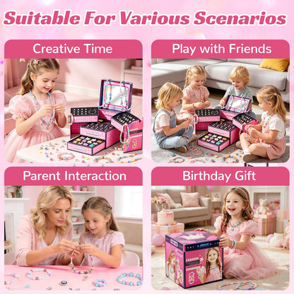 JeeMoien Charm Bracelet Making Kit for Girls 5 6 7 8-12, Friendship Bracelet Kit DIY Craft Jewelry Making Kit Birthday Gift Toy for 6 7 8 9 10 11 Year Old with Portable Jewelry Box, Pink