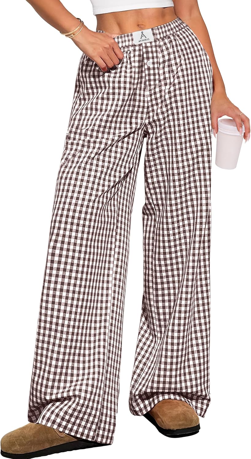 ANRABESS Womens Striped Gingham Pants 2025 Pajama Lounge Boxer Pants Cute Comfy PJ Bottoms with Pockets Y2K Plaid Outfits
