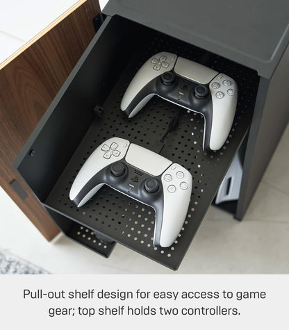 Yamazaki Home Tower Large Capacity Game Console Rack – Organize Controllers, Pull-Out Shelf, Cable Management - Steel