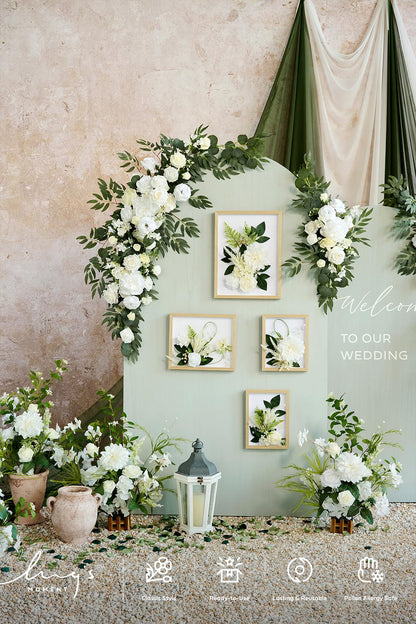 Ling's moment Artificial Wedding Arch Flowers Kit Pack of 4, 2pcs Hanging Silk Flowers Arrangement 2pcs Chiffon Drapes Ceremony Spring Fake Rose Arbor Backdrop White Sage Floral Party Outdoor Decor