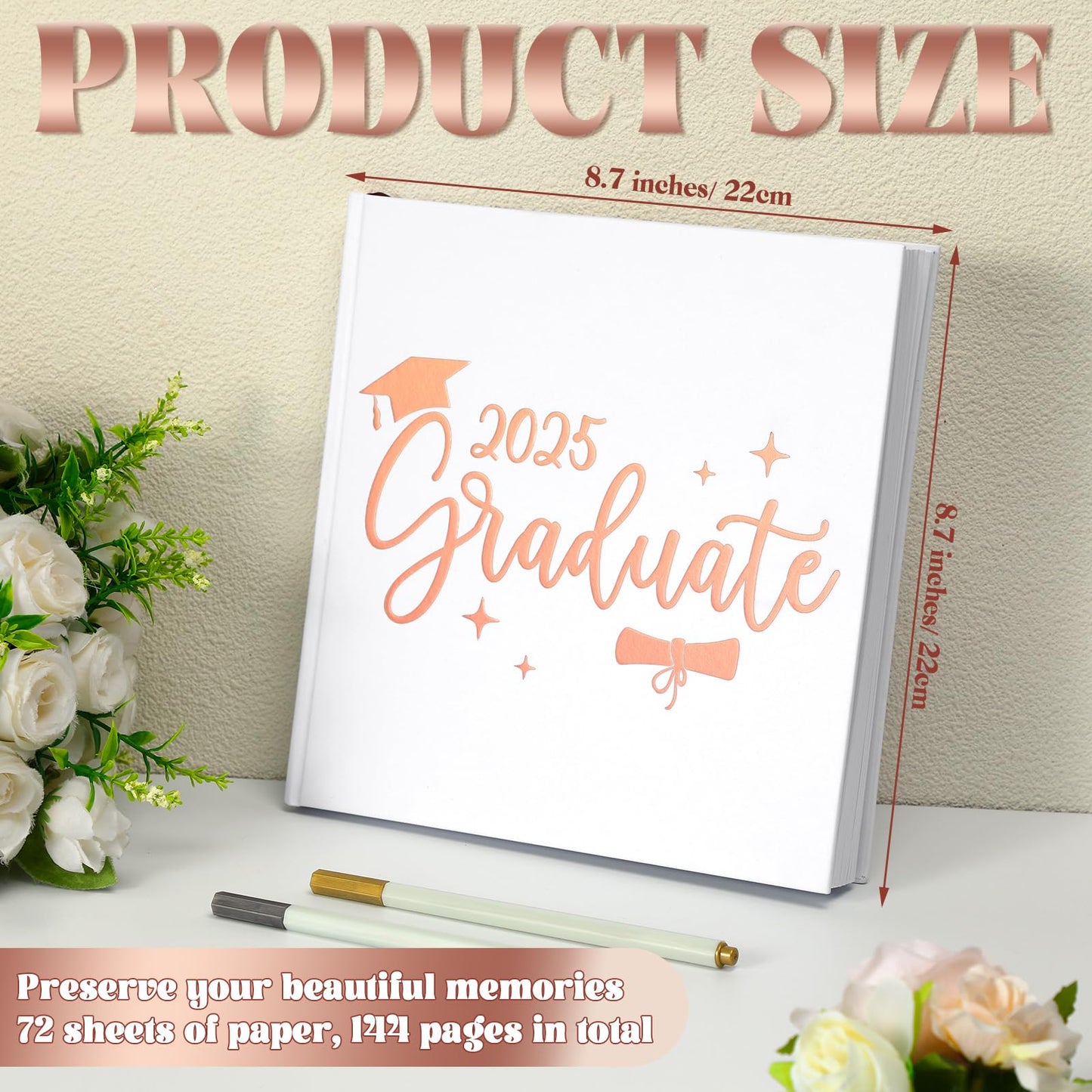 Humyoun 2026 Graduation Guest Book 8.7'' x 8.7" with 2 Markers Graduate Scrapbook Class of 2026 Picture Book Hardcover Rose Gold Foiled Photo Album for Graduation Party Supply Graduate Gifts 144 Pages