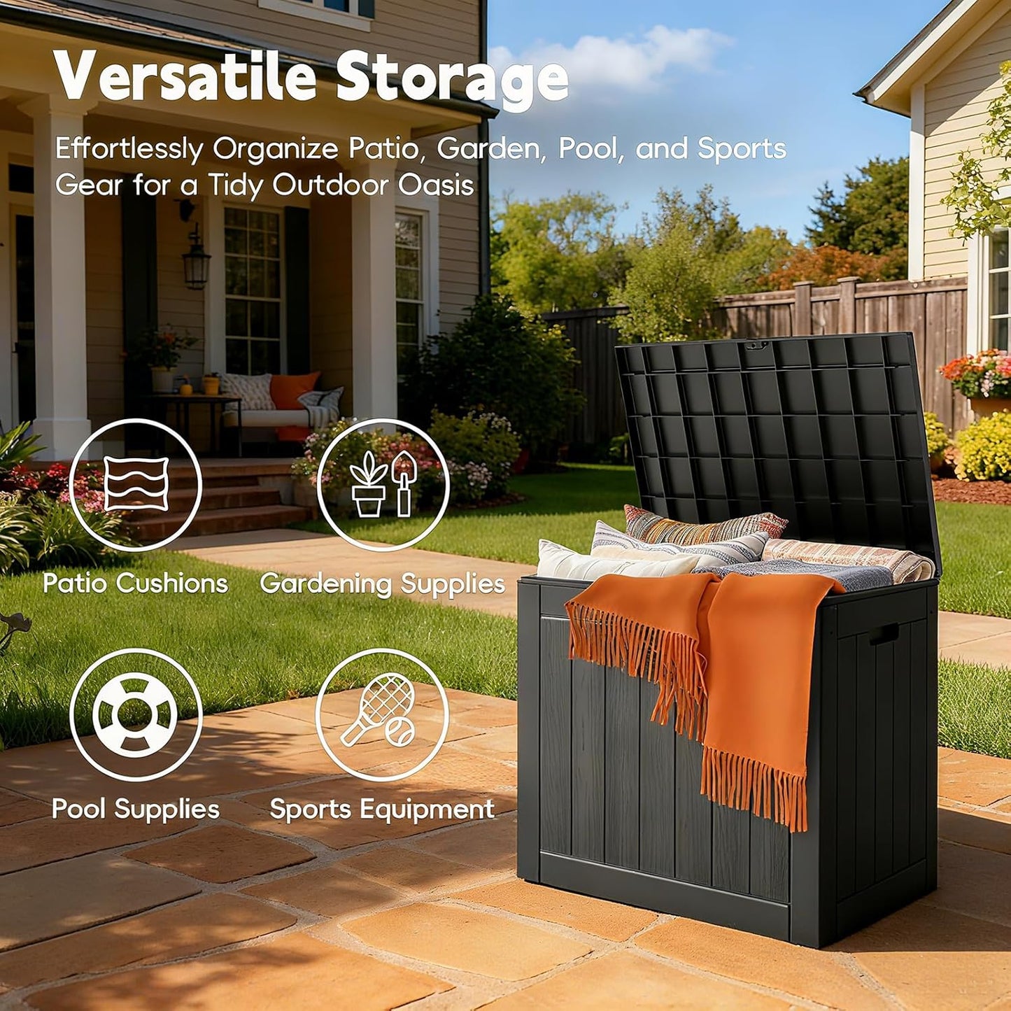 31 Mars Villa Gallon Deck Box, Waterproof Weatherproof and UV Resistant Resin Storage Bin with Lockable Lid