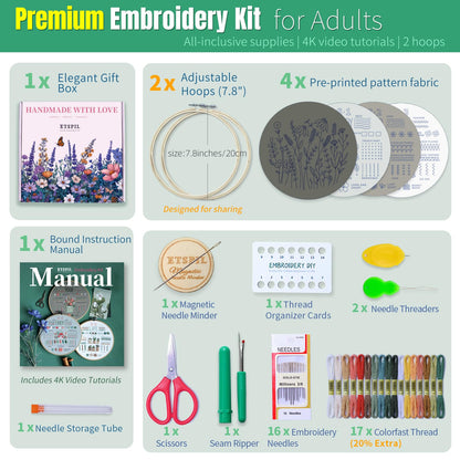 ETSPIL Embroidery Kit for Adults, 4 Pre-Printed Floral Patterns & 2 Hoops, Learn 33 Stitches via 4K HD Videos, Magnetic Needle Minder Included, Beginner-Friendly DIY Gift for Women