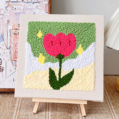 Allazone Punch Needle Embroidery Kit, Square Frame with Green and Pink Tulip Pattern, Includes Frame, Stand, Punch Needle, Scissors, Yarns, Adults Beginner Friendly