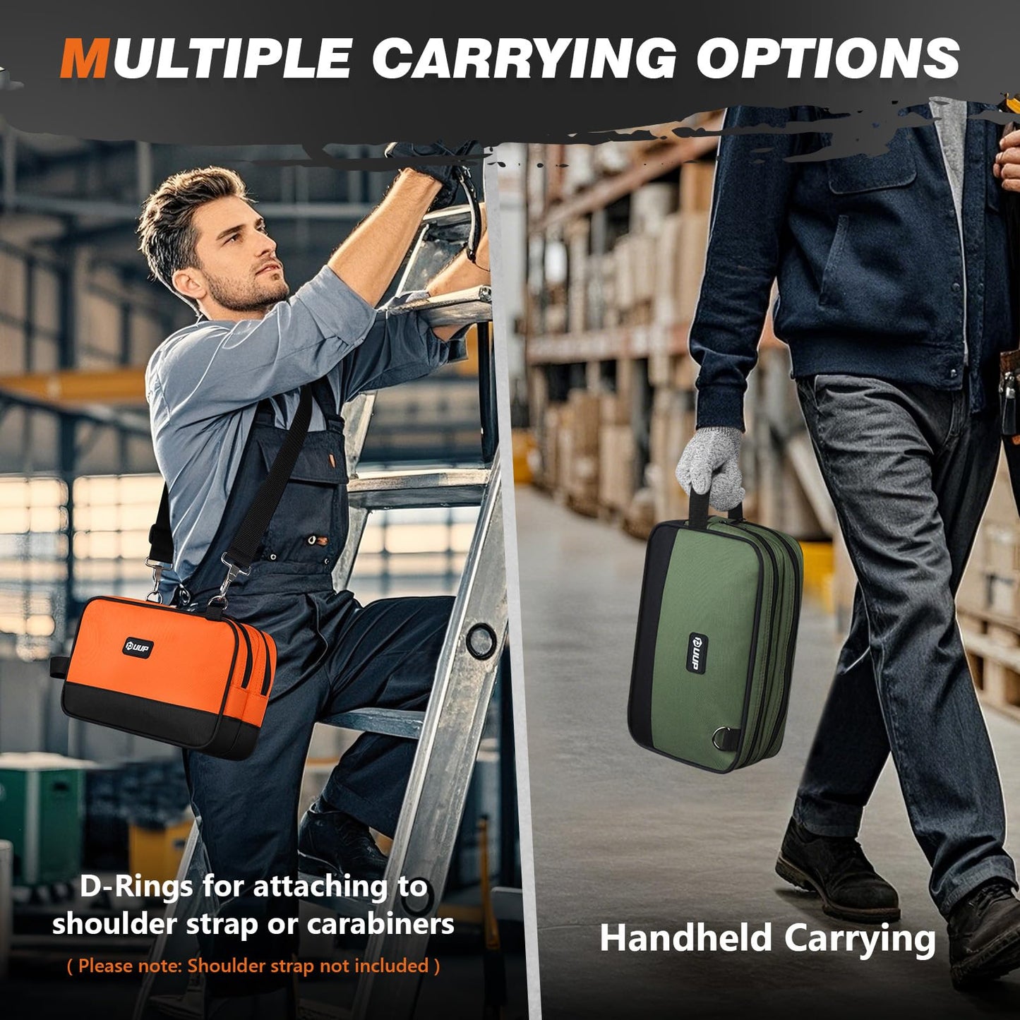 12" Small Tool Bag 2 Pack, Zipper Tool Pouch 2 Compartments, Utility ToolBag with Carrying Handle, Toolbox Organization, Screwdriver Storage Tool Box, Electrician Mechanic Men Dad Gifts, Orange/Green