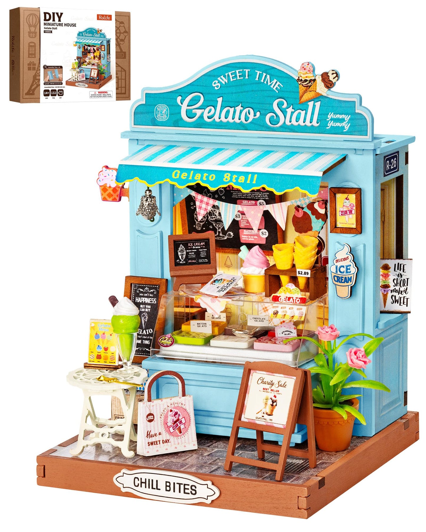 Rolife DIY Miniature Kit Mini Building Dollhouse Gelato Stall, Miniverse Lifestyle Mini Bookshelf Decoration, DIY Hobbies for Craftsman (Gelato Stall)
