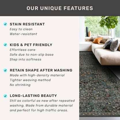 Skiennix Vintage Dark Green Area Rug - Washable 8x10 Oriental Carpet for Living Room & Dining Room