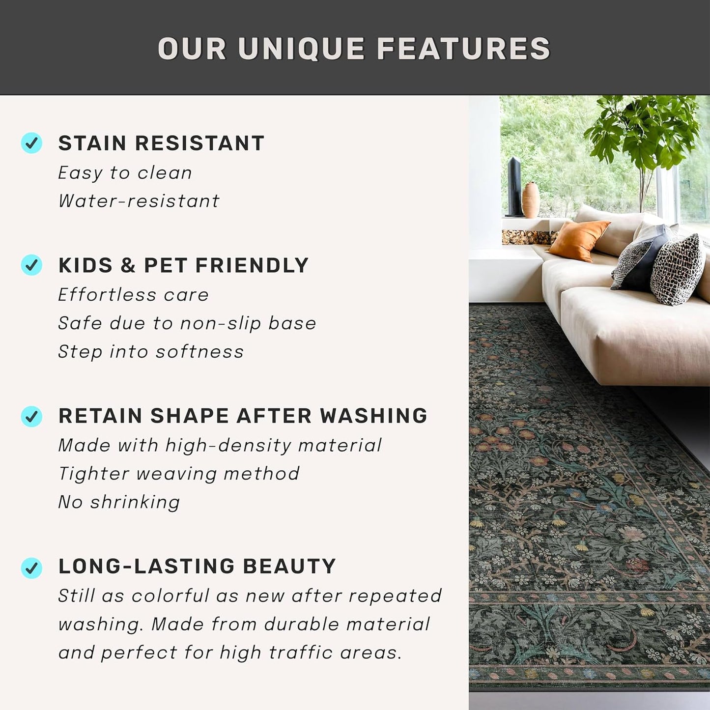 Regine Switzerland Dark Green 2x5 Non-Slip Runner Rug - Washable Floral Boho Design for Entryway