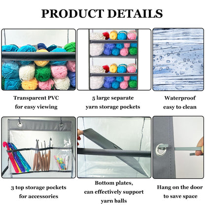 Hobekoee Hanging Yarn Storage Organizer,Large Capacity Yarn Storage Bag with 5 Yarn Balls Storage Pockets & 3 Top Crochet/Knitting Needles Pockets,Transparent Door Hanging Knitting Organizer Storage