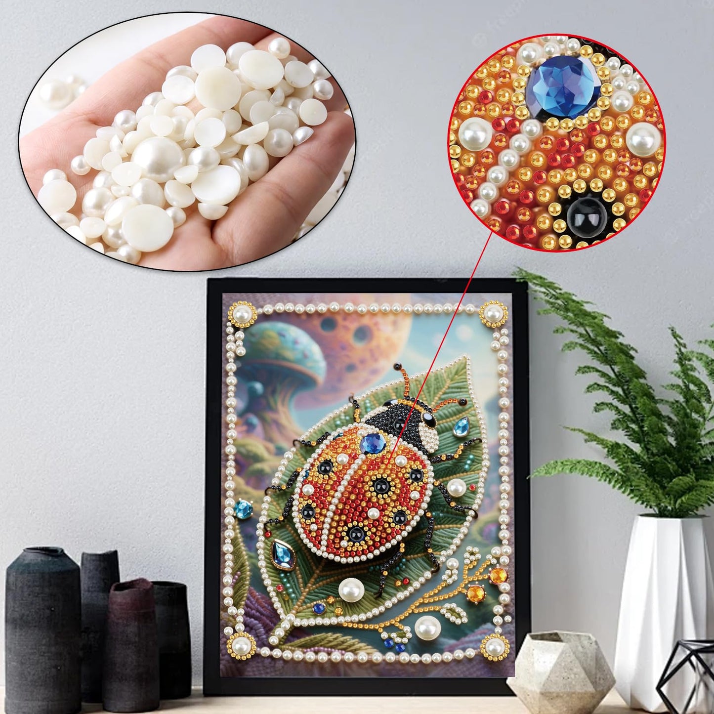 WSLWXSHM Pearl Diamond Painting Kits for Adults Ladybug, 5D Special Shape Diamond Art Kits for Beginners, Crystal Rhinestones Diamond Painting for Home Wall Decoration Gift 12×16inch/30×40cm Insect
