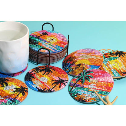 8 PCS Beach Moon Diamond Art Coasters Kits, Diamond Painting Coasters with Holder Set of 8, DIY Drink Coasters Art Crafts Supplies for Adults Cup Mat for Home Decor House Warming Gifts 3.9inch
