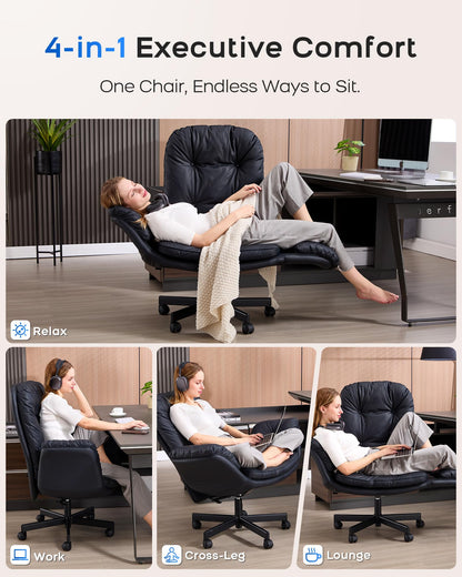 LukkDys Executive Office Chair, Big & Tall 400 lbs Capacity, Wide Seat, PU Leather, 5-Gear Lay-Flat Armrests (90°–180°) for Cross-Legged Comfort, 90–115° Recline, High Back Desk Chair, Black