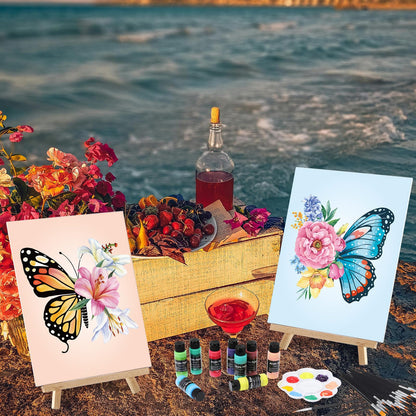 AmazingSpark 12 Set Paint and Sip Kit for Adults 8"x 10" Pre Drawn Canvas for Painting DlY Acrylic Paint Set with Brushes, 24 Colors(60ml, 2oz) for Date Night Party Supplies(Butterfly)