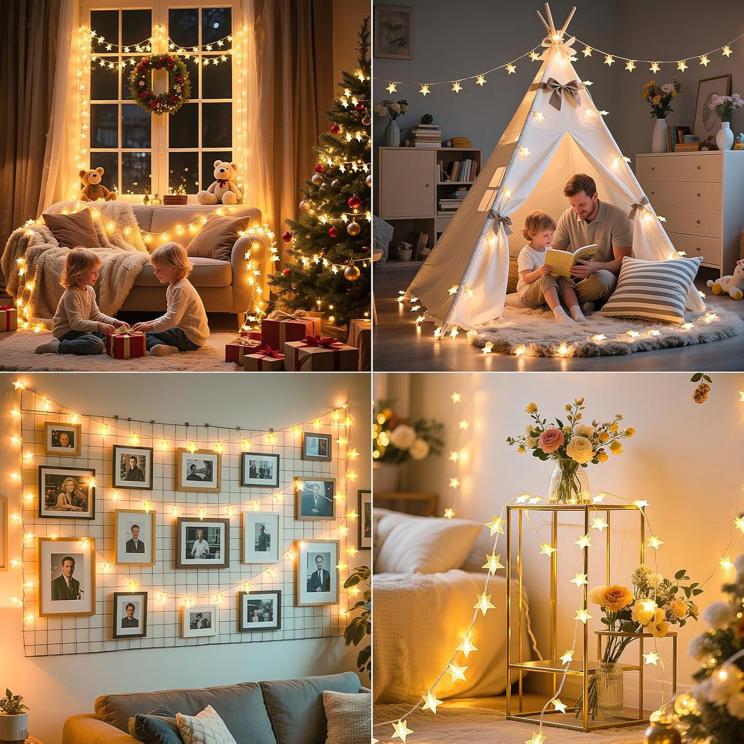 17FT 50LED 8 Lakumu Star String Lights Battery Operated, LED Star Fairy Lights Rechargeable, Twinkle Lights with Modes