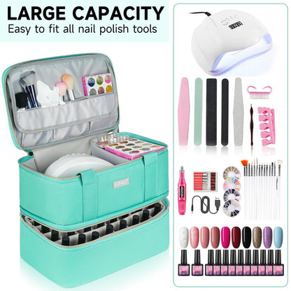 LEFOR·Z Nail Polish Organizer,Double-Layer Nail Organizers and Storage,Nail Polish Carrying Case for 40 Bottles (15ml-0.5 fl.oz) and Nail Lamp,Portable Nail Polish Holder for Nail Supplies,Mint Green
