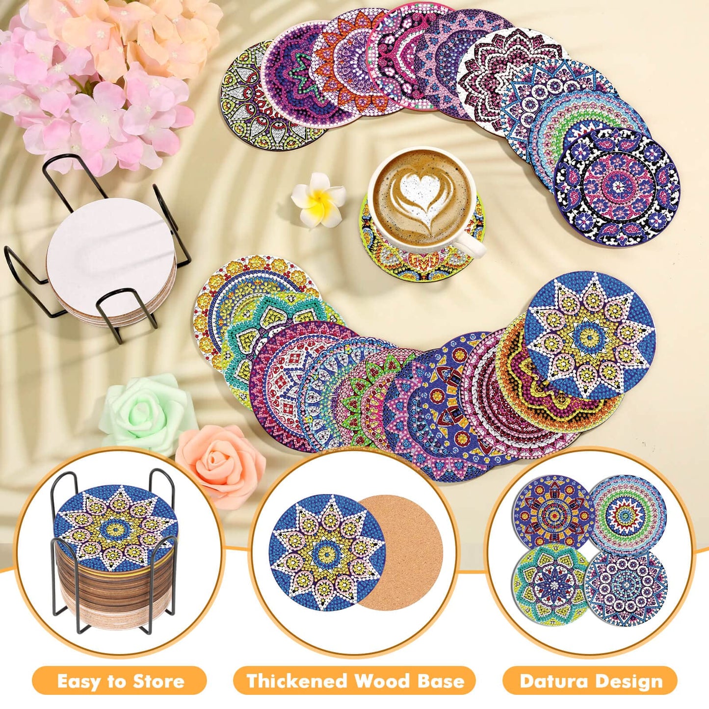 Caffox 20 Pieces Diamond Art Painting Coasters Kit with Holder, Diamond Art Coasters, DIY Diamond Art Crafts Projects, Diamond Art Kits for Adults and Beginners(Mandala Style)