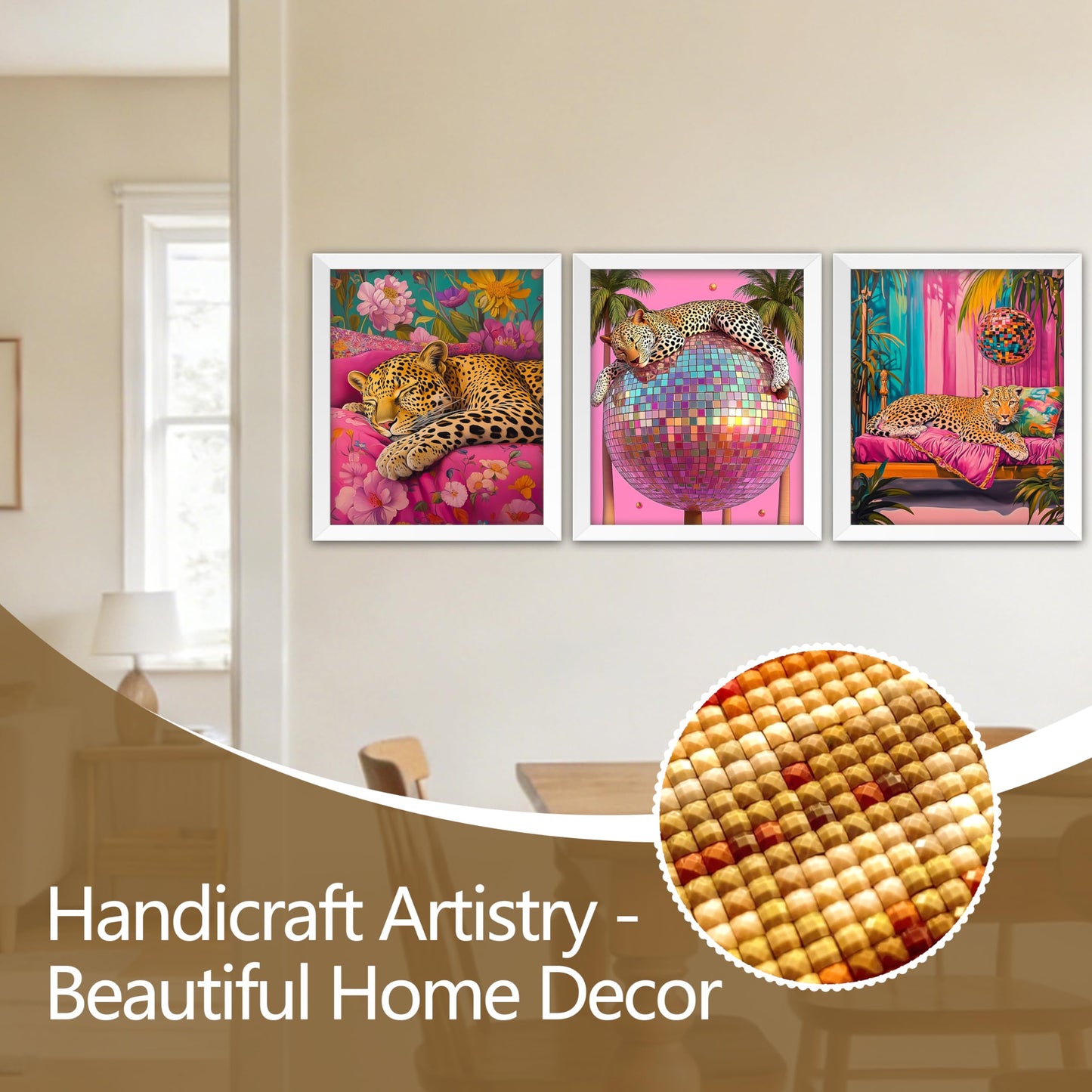 Kemingni 3 Pack Sleeping Leopard Diamond Painting Kit, Maximalist Funky Disco Ball Leopard Diamond Art Kits for Adults Beginners, Full Drill Gem Painting for Home Wall Decor, 9.8x11.8 Inch