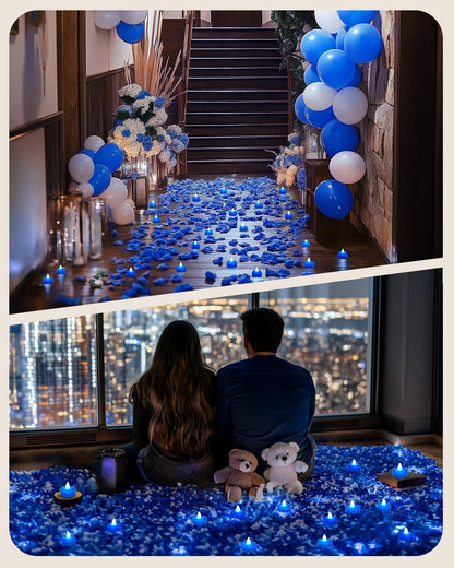 Amagic 1000 Pieces Blue Artificial Rose Petals with 12 Blue Heart LED Tea Lights, Rose Petals, and Candles Set for Proposal, Anniversary, Romantic Night, Wedding Decor
