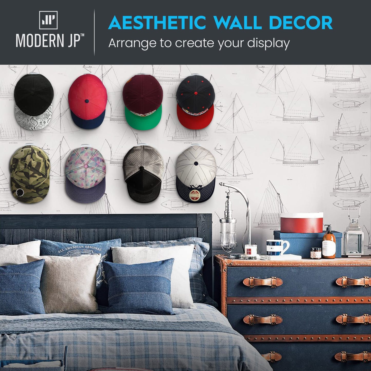 Modern JP Adhesive Hat Hooks for Wall (16-Pack) - Minimalist Hat Rack Design, No Drilling, Strong Hold Hat Hangers - USA Patented, White
