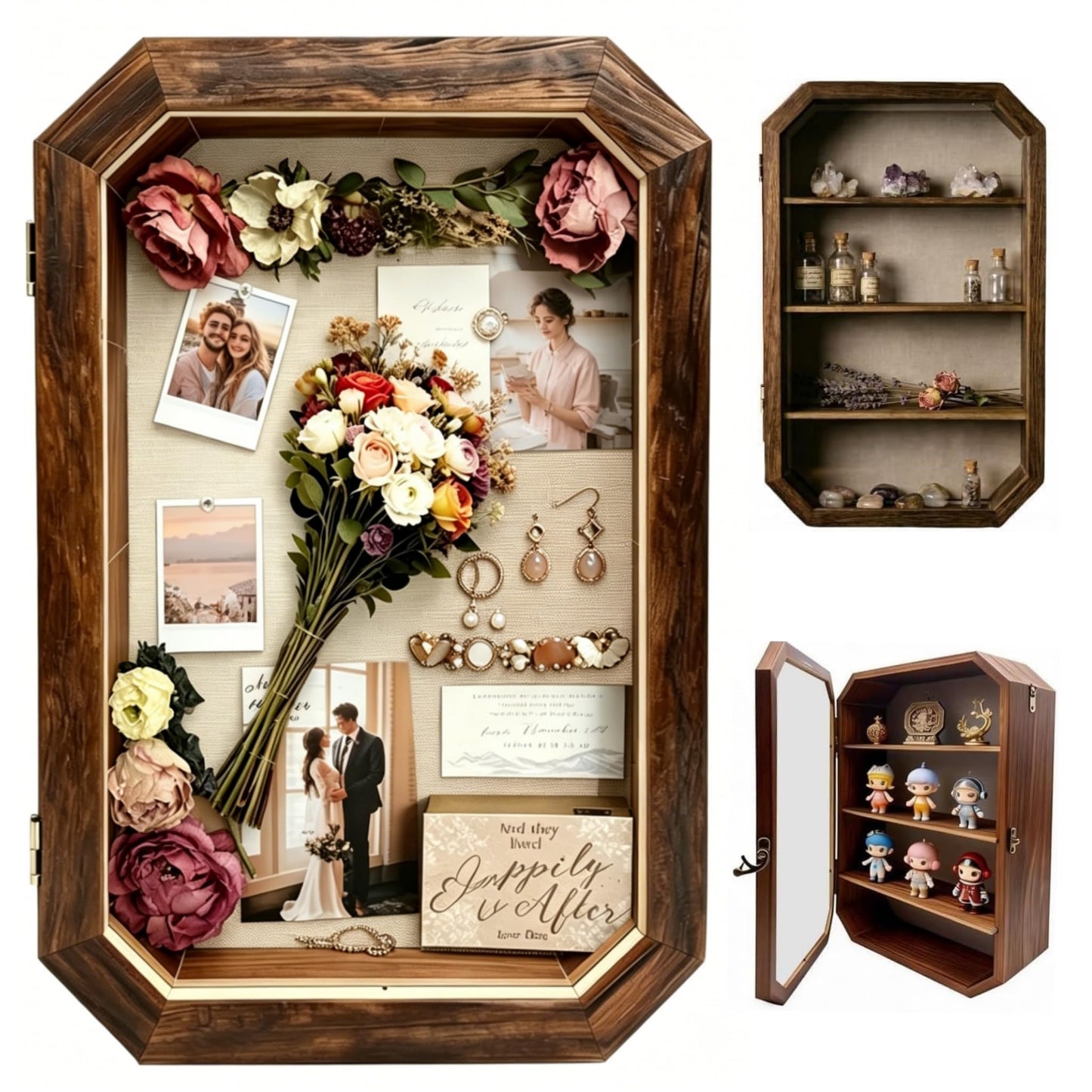 AMZWKT Shadow Box Frame, 10x16 Carbonized Brown Display Case with Linen Back & Detachable Shelves for Wedding Bouquet, Photos, Medals, Collectibles, Souvenirs & Home Wall Decor
