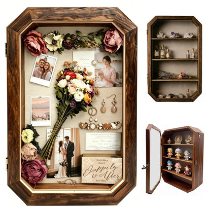 AMZWKT Shadow Box Frame, 10x16 Carbonized Brown Display Case with Linen Back & Detachable Shelves for Wedding Bouquet, Photos, Medals, Collectibles, Souvenirs & Home Wall Decor