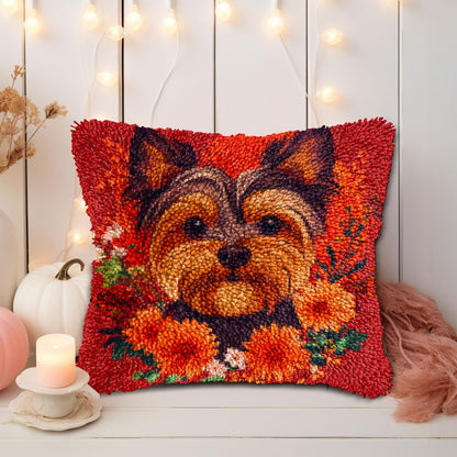 DIY Latch Hook Pillow Kits for Adults Yorkshire Terrier Dog in Flowers Printed Pillowcase Crochet Yarns Hooking Handmade Pillow Cover Cushion for Home Sofa Decoration 17x17inch-7