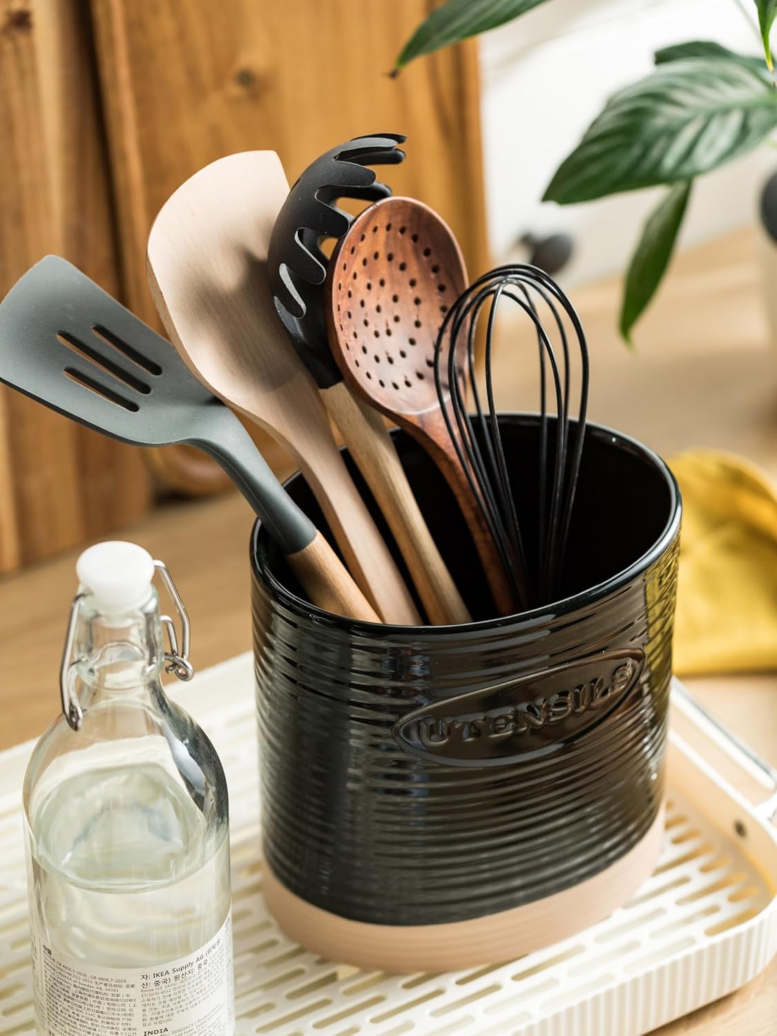 YHOSSEUN Black Ceramic Utensil Holder, 6.7" Kitchen Counter Caddy for Tools, Oval Shape Utensil Storage