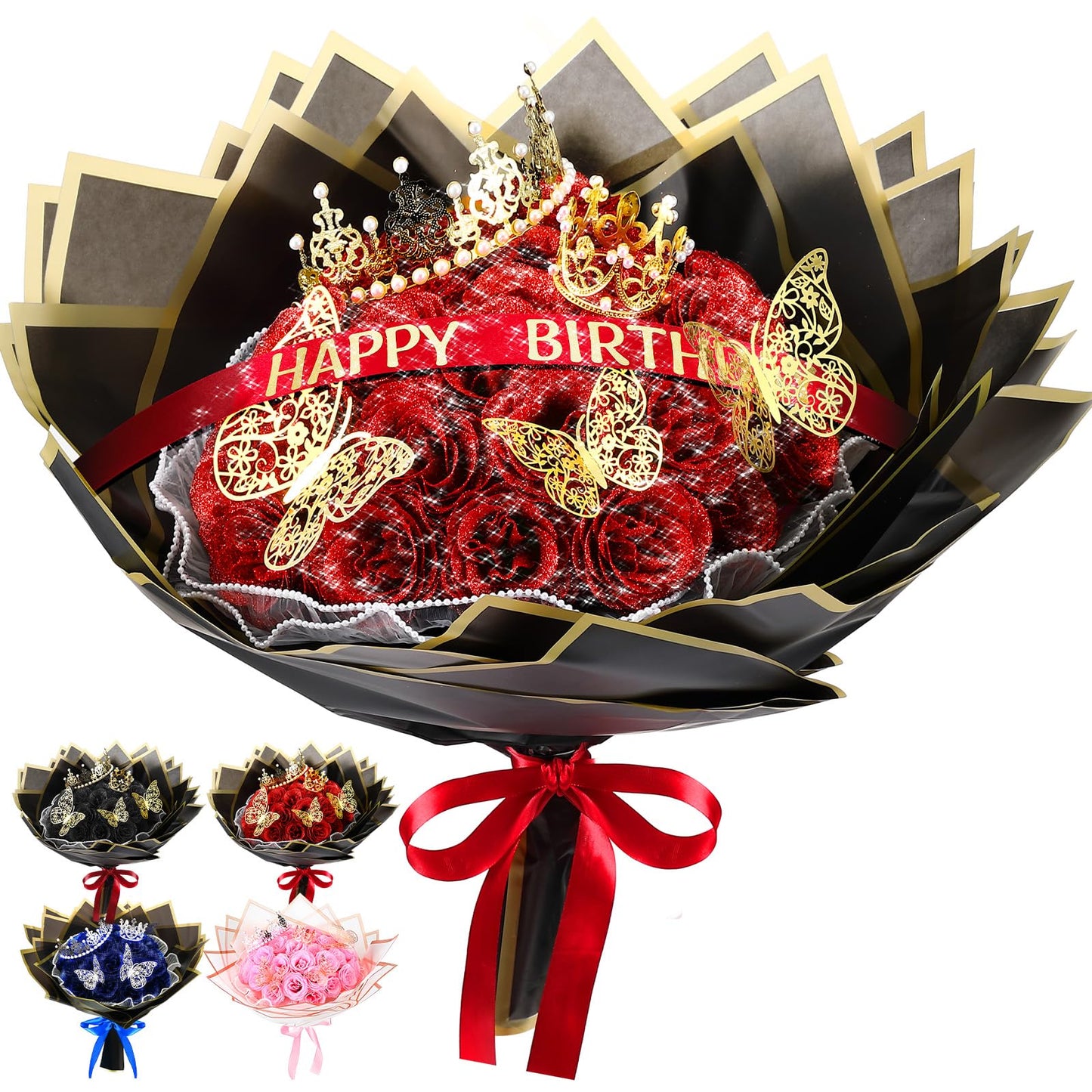 Thiccywoov 50 Pcs Glitter Roses Bouquet Graduation Artificial Rose DIY Flower Bouquet Kit Flower Wrapping Paper 3D Butterflies Crowns for Mom Mother Teacher Birthday (Red)
